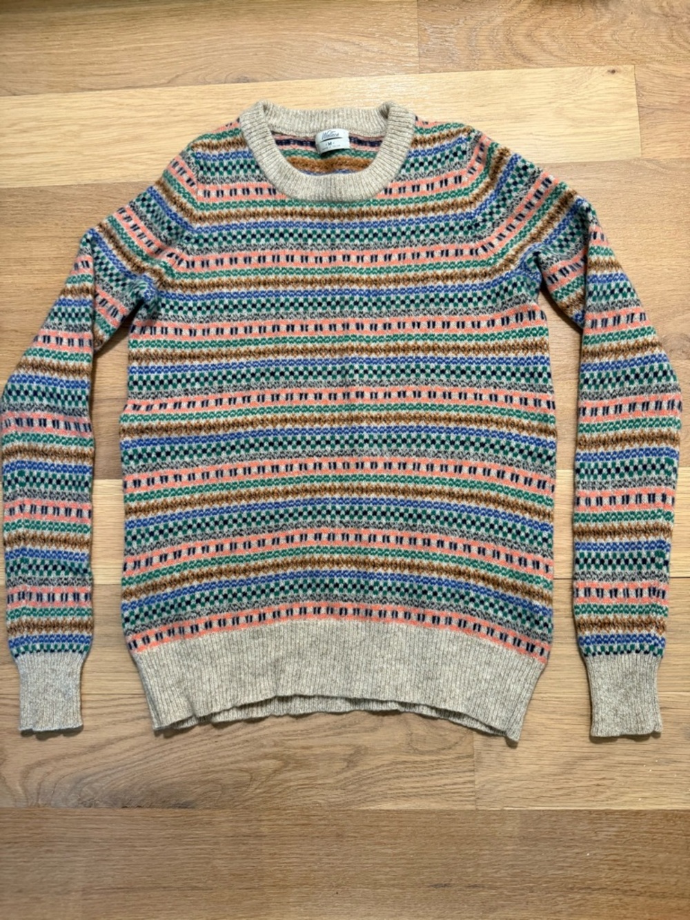 MZ Wallace Beige Fair Isle Crewneck Sweater with Peach & Blue Accents